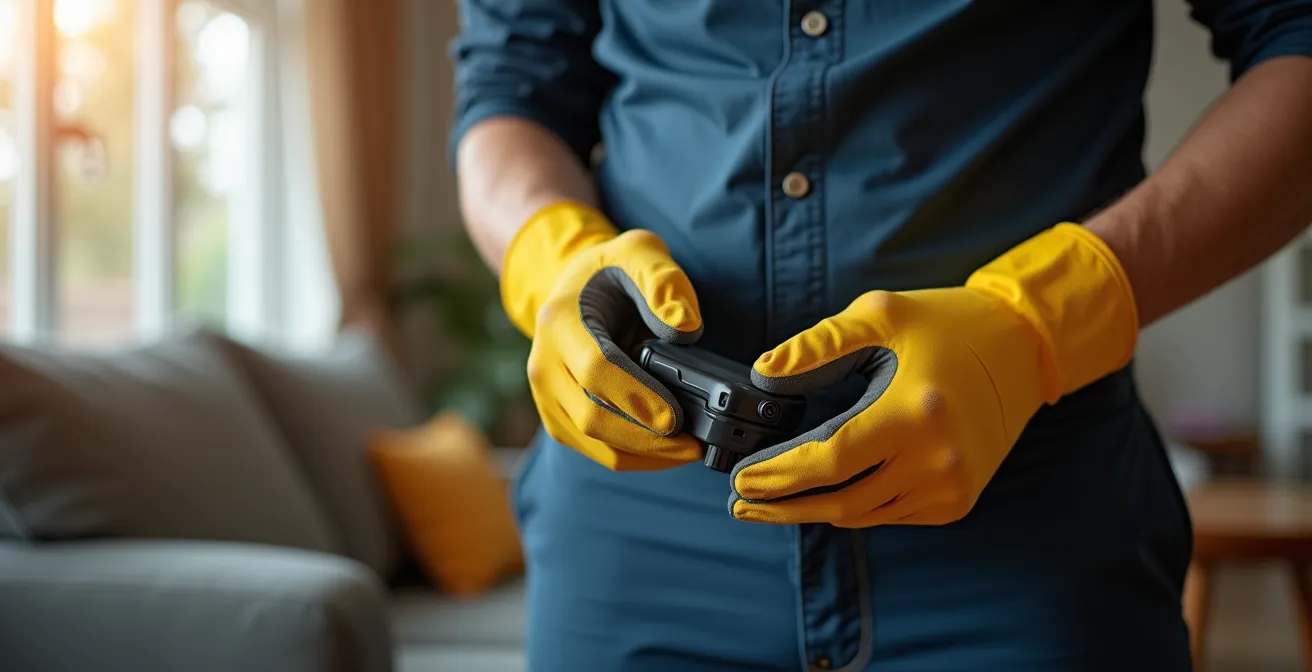 Mains expertes d'un technicien manipulant un équipement professionnel de détection