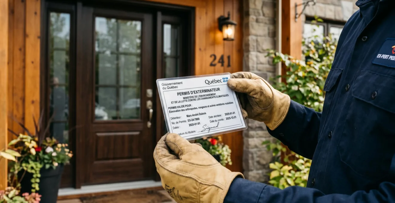 Gros plan sur mains gantées de technicien présentant carte professionnelle de certification d'exterminateur du gouvernement du Québec