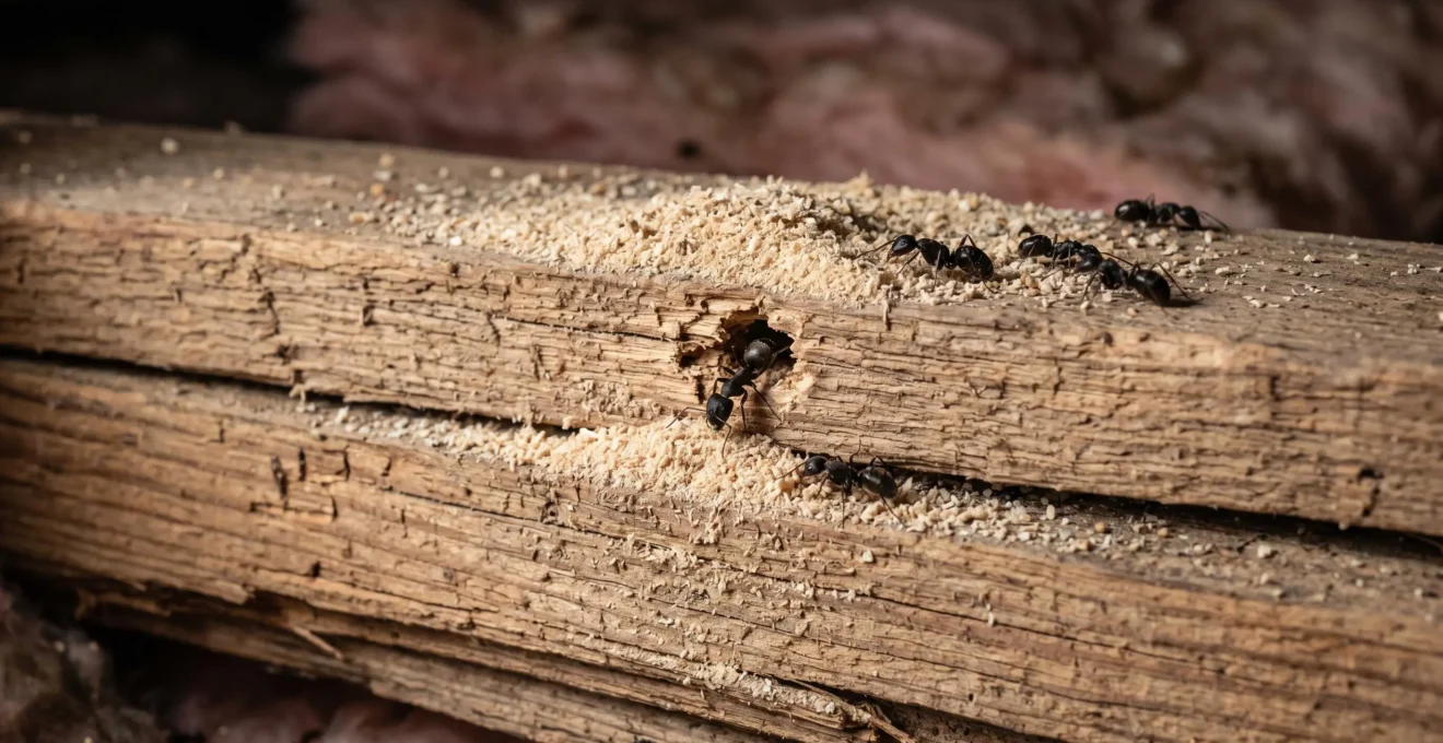 Gros plan sur sciure fine et fourmis charpentières noires à l'entrée d'une galerie creusée dans une poutre de bois